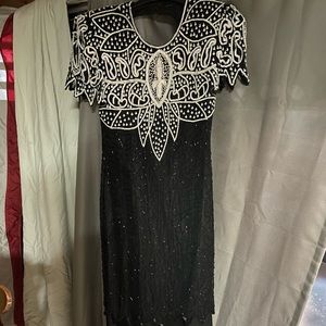 Black with black and white beads mother of the bride dress with black beaded hem